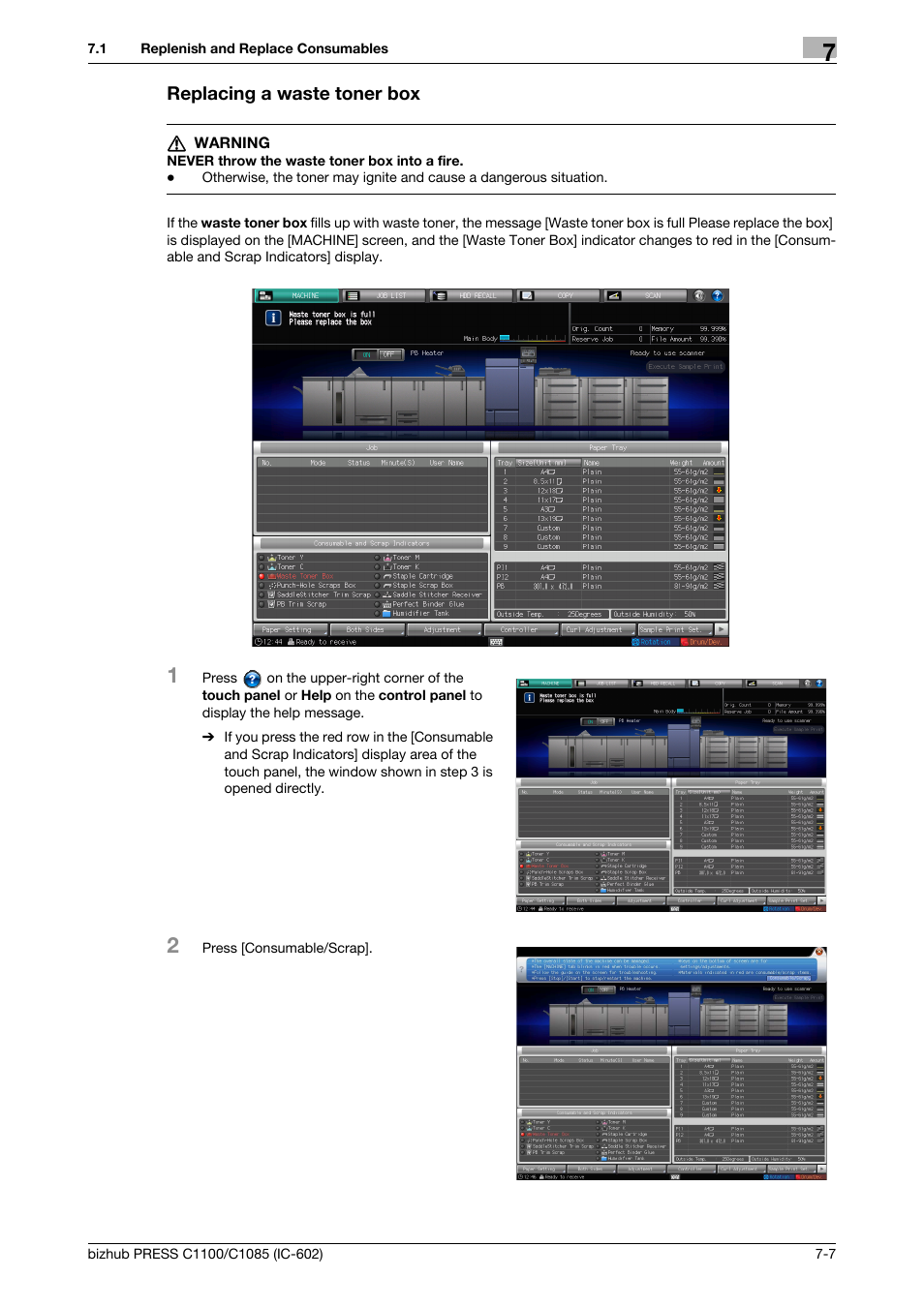 Replacing a waste toner box | Konica Minolta bizhub PRESS C1085 User Manual | Page 85 / 130