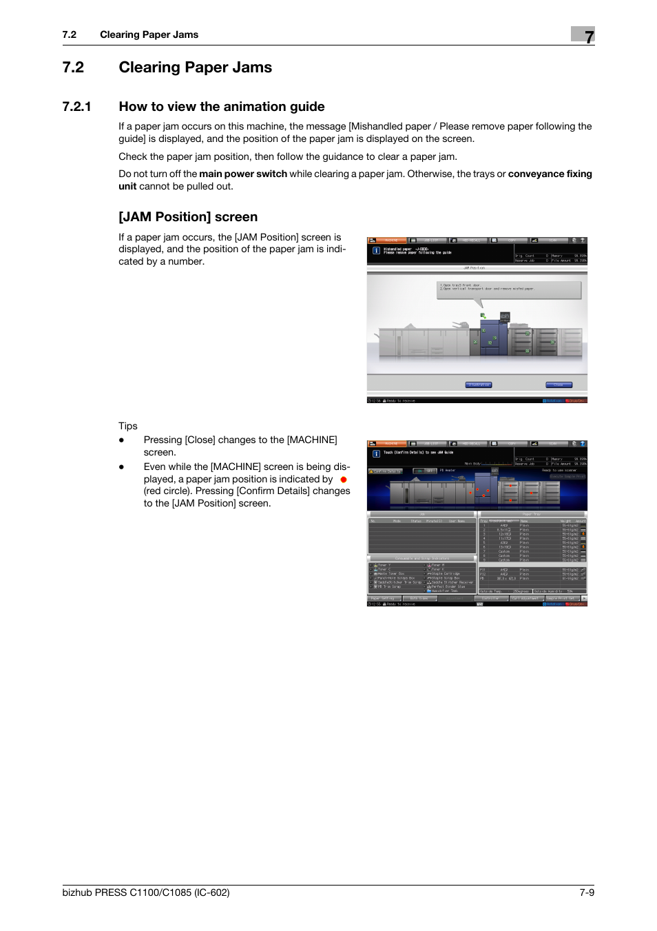 2 clearing paper jams, 1 how to view the animation guide, Jam position] screen | Clearing paper jams -9, How to view the animation guide -9 | Konica Minolta bizhub PRESS C1085 User Manual | Page 87 / 130
