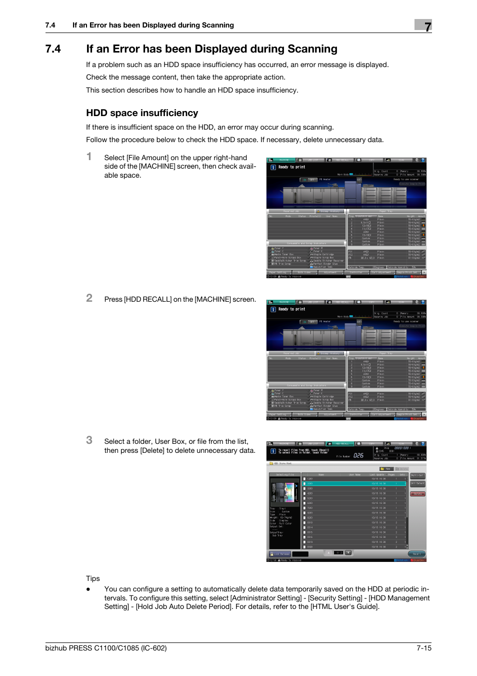 4 if an error has been displayed during scanning, Hdd space insufficiency, If an error has been displayed during scanning -15 | Konica Minolta bizhub PRESS C1085 User Manual | Page 93 / 130
