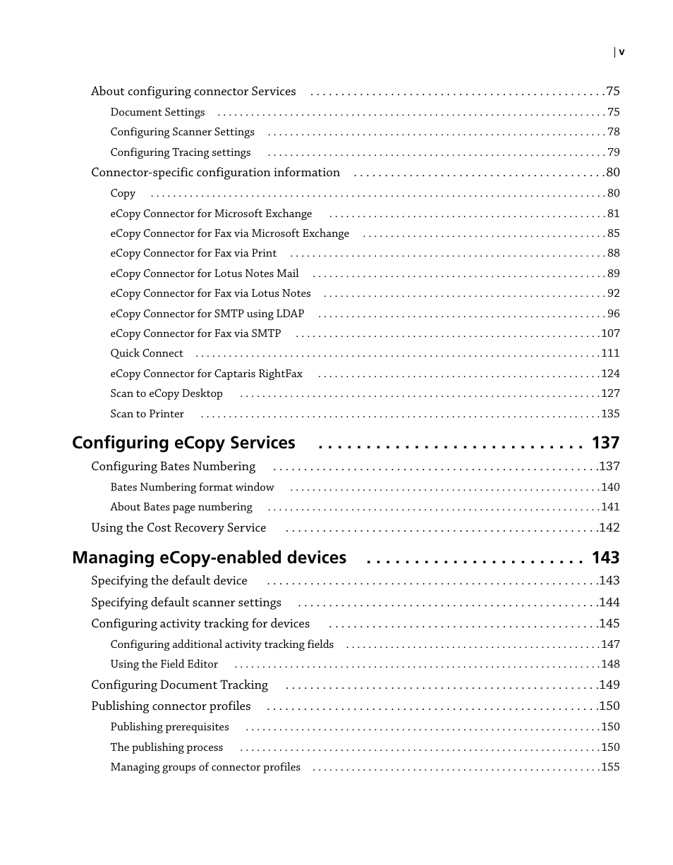 Configuring ecopy services, Managing ecopy-enabled devices | Konica Minolta eCopy User Manual | Page 5 / 224