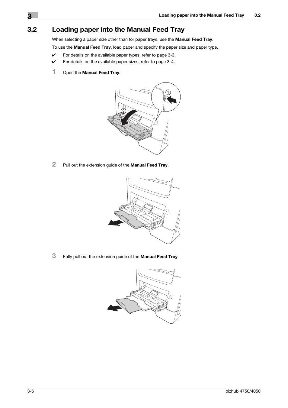 2 loading paper into the manual feed tray, Loading paper into the manual feed tray -6 | Konica Minolta bizhub 4050 User Manual | Page 32 / 70