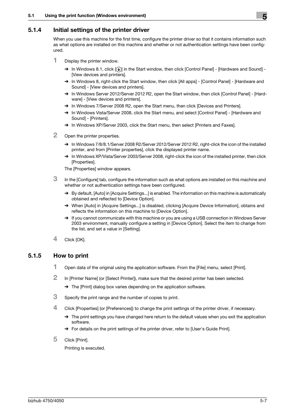 4 initial settings of the printer driver, 5 how to print, Initial settings of the printer driver -7 | How to print -7 | Konica Minolta bizhub 4050 User Manual | Page 49 / 70