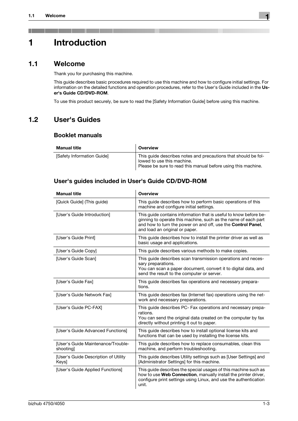 1 introduction, 1 welcome, 2 user's guides | Booklet manuals, User's guides included in user's guide cd/dvd-rom, Introduction, Welcome -3, 1introduction | Konica Minolta bizhub 4050 User Manual | Page 7 / 70