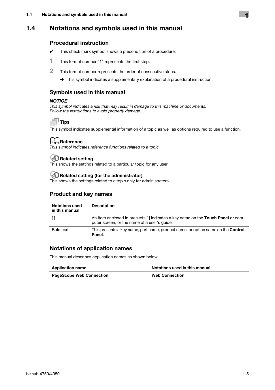 4 notations and symbols used in this manual, Procedural instruction, Symbols used in this manual | Product and key names, Notations of application names | Konica Minolta bizhub 4050 User Manual | Page 9 / 70