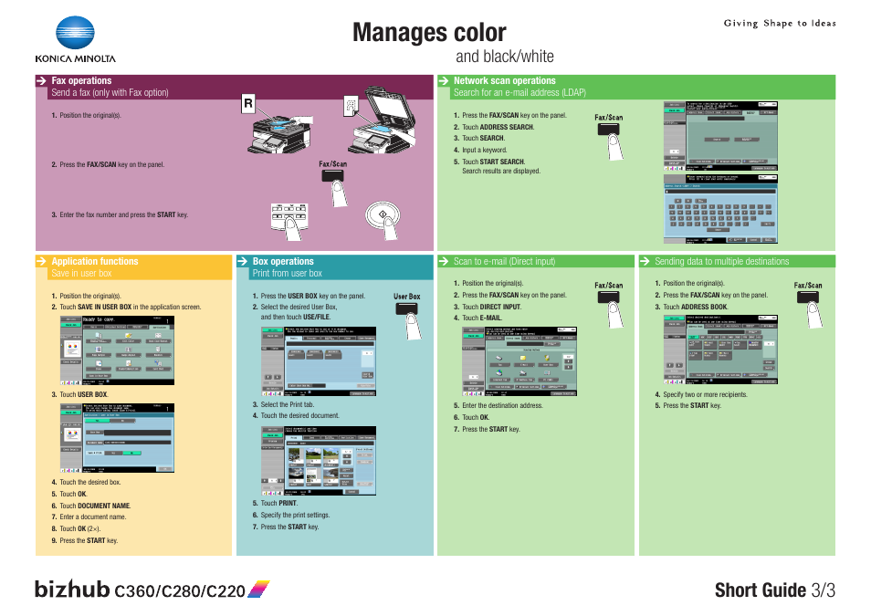Manages color, Short guide 3/3, And black/white | Konica Minolta BIZHUB C360 User Manual | Page 3 / 3