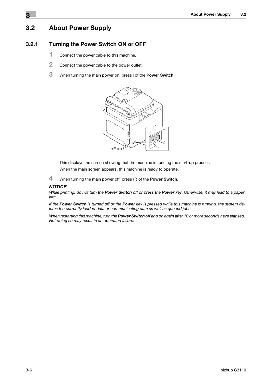 2 about power supply, 1 turning the power switch on or off, About power supply -6 | Turning the power switch on or off -6 | Konica Minolta bizhub C3110 User Manual | Page 38 / 82