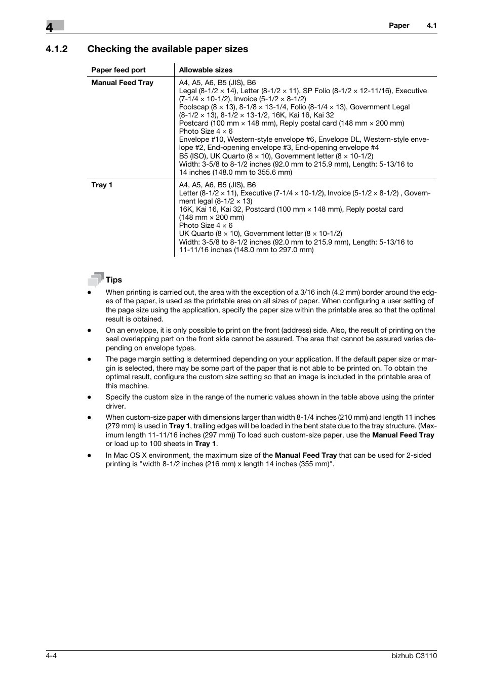 2 checking the available paper sizes, Checking the available paper sizes -4 | Konica Minolta bizhub C3110 User Manual | Page 48 / 82