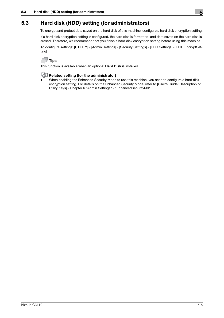 3 hard disk (hdd) setting (for administrators), Hard disk (hdd) setting (for administrators) -5 | Konica Minolta bizhub C3110 User Manual | Page 59 / 82