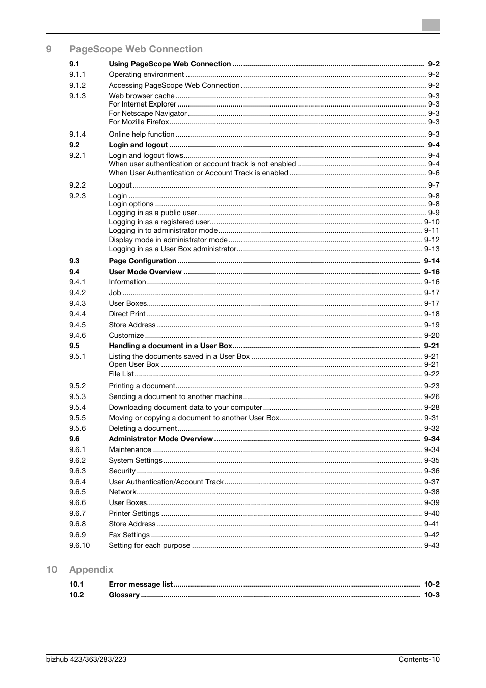 9pagescope web connection, 10 appendix | Konica Minolta BIZHUB 223 User Manual | Page 11 / 302