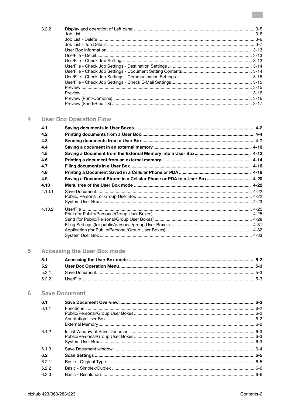 4user box operation flow, 5accessing the user box mode, 6save document | Konica Minolta BIZHUB 223 User Manual | Page 3 / 302