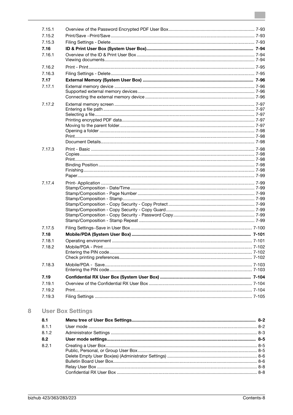 8user box settings | Konica Minolta BIZHUB 223 User Manual | Page 9 / 302