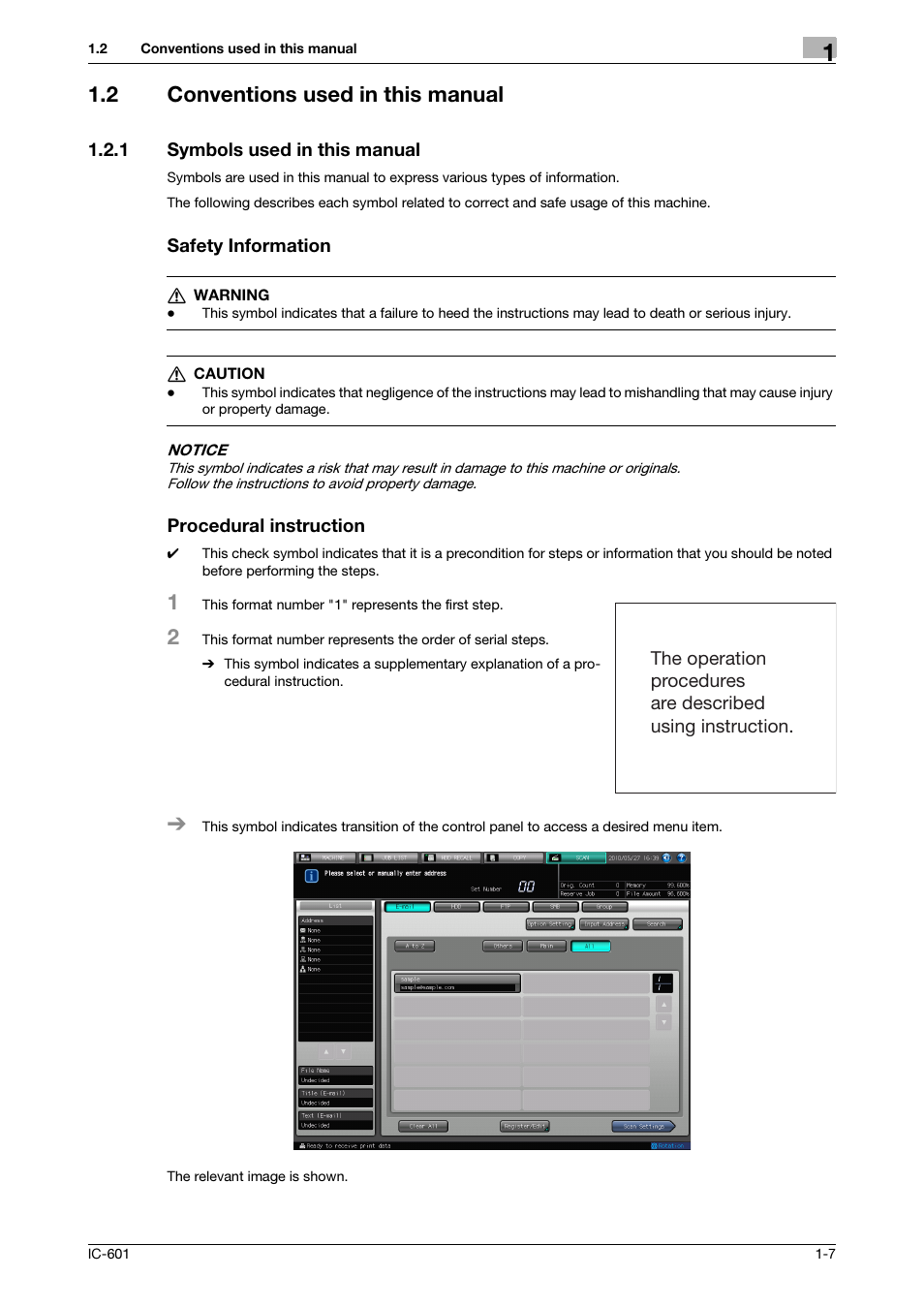 2 conventions used in this manual, 1 symbols used in this manual, Safety information | Procedural instruction, Conventions used in this manual -7, Symbols used in this manual -7 | Konica Minolta IC-601 User Manual | Page 10 / 123