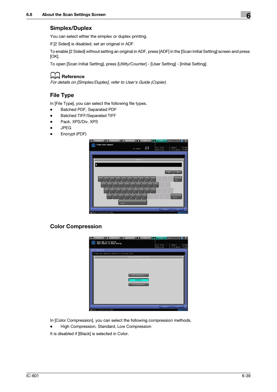 Simplex/duplex, File type, Color compression | P. 6-39 | Konica Minolta IC-601 User Manual | Page 102 / 123