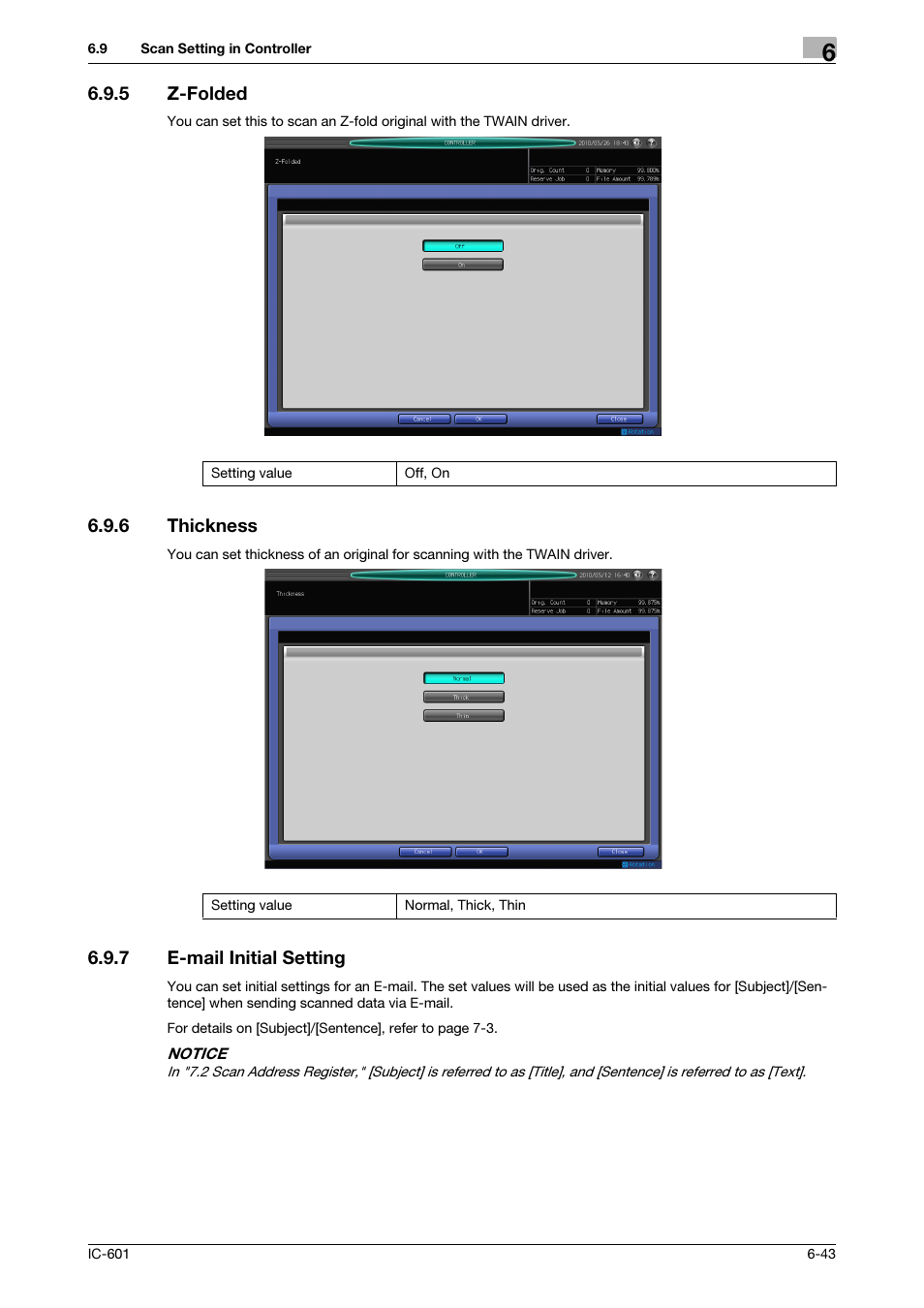 5 z-folded, 6 thickness, 7 e-mail initial setting | Z-folded -43, Thickness -43, E-mail initial setting -43, P. 6-43 | Konica Minolta IC-601 User Manual | Page 106 / 123