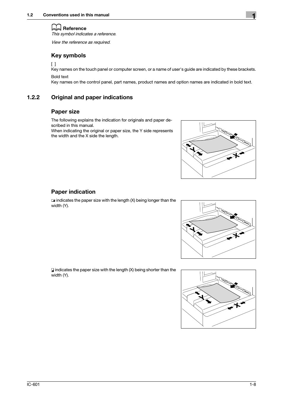 Key symbols, 2 original and paper indications, Paper size | Paper indication, Original and paper indications -8 | Konica Minolta IC-601 User Manual | Page 11 / 123