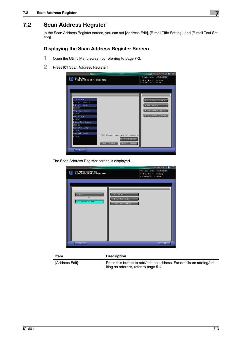 2 scan address register, Displaying the scan address register screen, Scan address register -3 | Konica Minolta IC-601 User Manual | Page 112 / 123