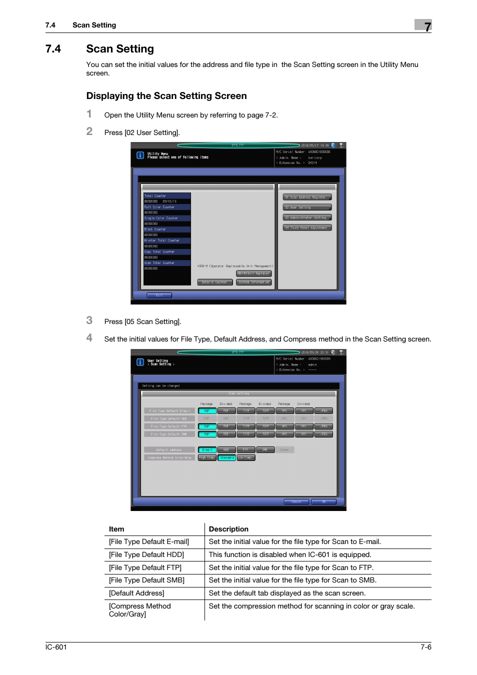4 scan setting, Displaying the scan setting screen, Scan setting -6 | Konica Minolta IC-601 User Manual | Page 115 / 123
