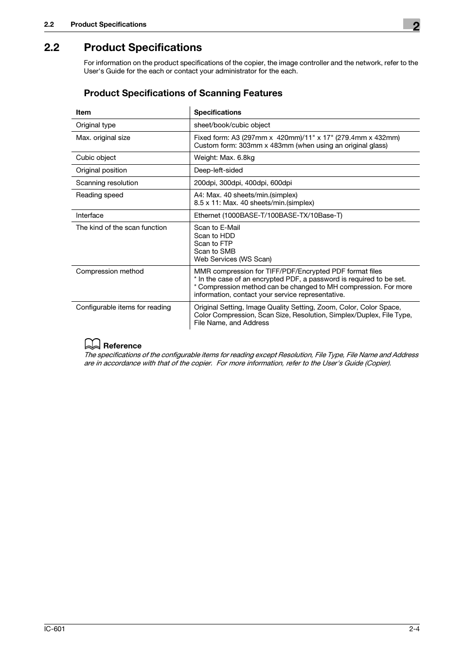 2 product specifications, Product specifications of scanning features, Product specifications -4 | Konica Minolta IC-601 User Manual | Page 17 / 123