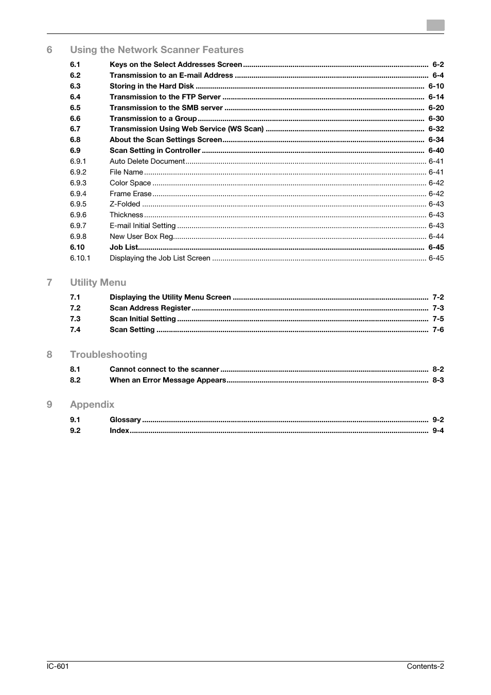 6using the network scanner features, 7utility menu, 8troubleshooting | 9appendix | Konica Minolta IC-601 User Manual | Page 3 / 123