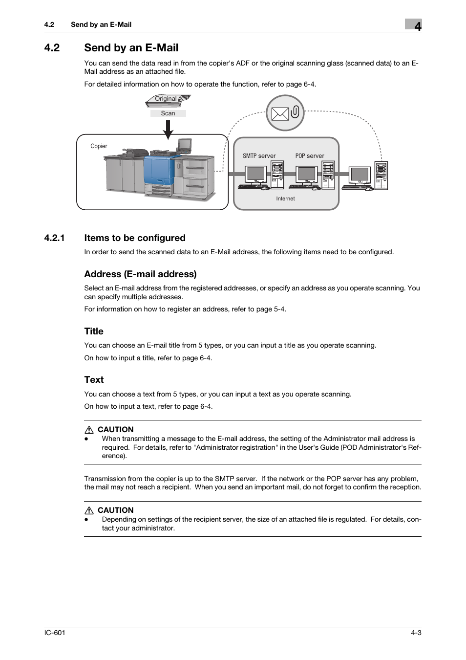 2 send by an e-mail, 1 items to be configured, Address (e-mail address) | Title, Text, Send by an e-mail -3, Items to be configured -3, Send by an e-mail, P. 4-3) | Konica Minolta IC-601 User Manual | Page 31 / 123