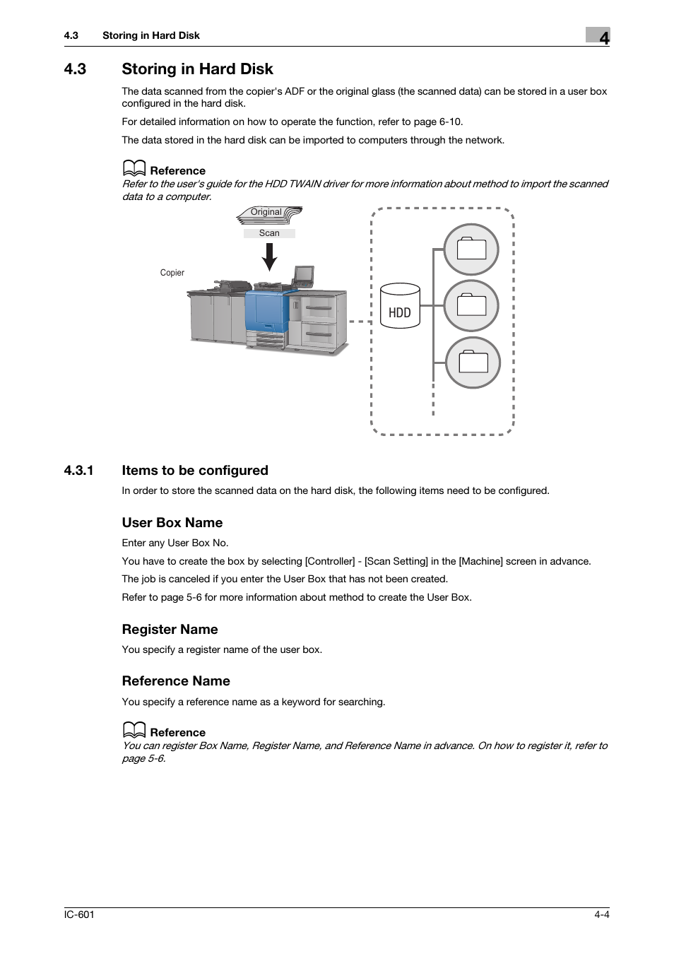 3 storing in hard disk, 1 items to be configured, User box name | Register name, Reference name, Storing in hard disk -4, Items to be configured -4, Storing in hard disk (p. 4-4) | Konica Minolta IC-601 User Manual | Page 32 / 123