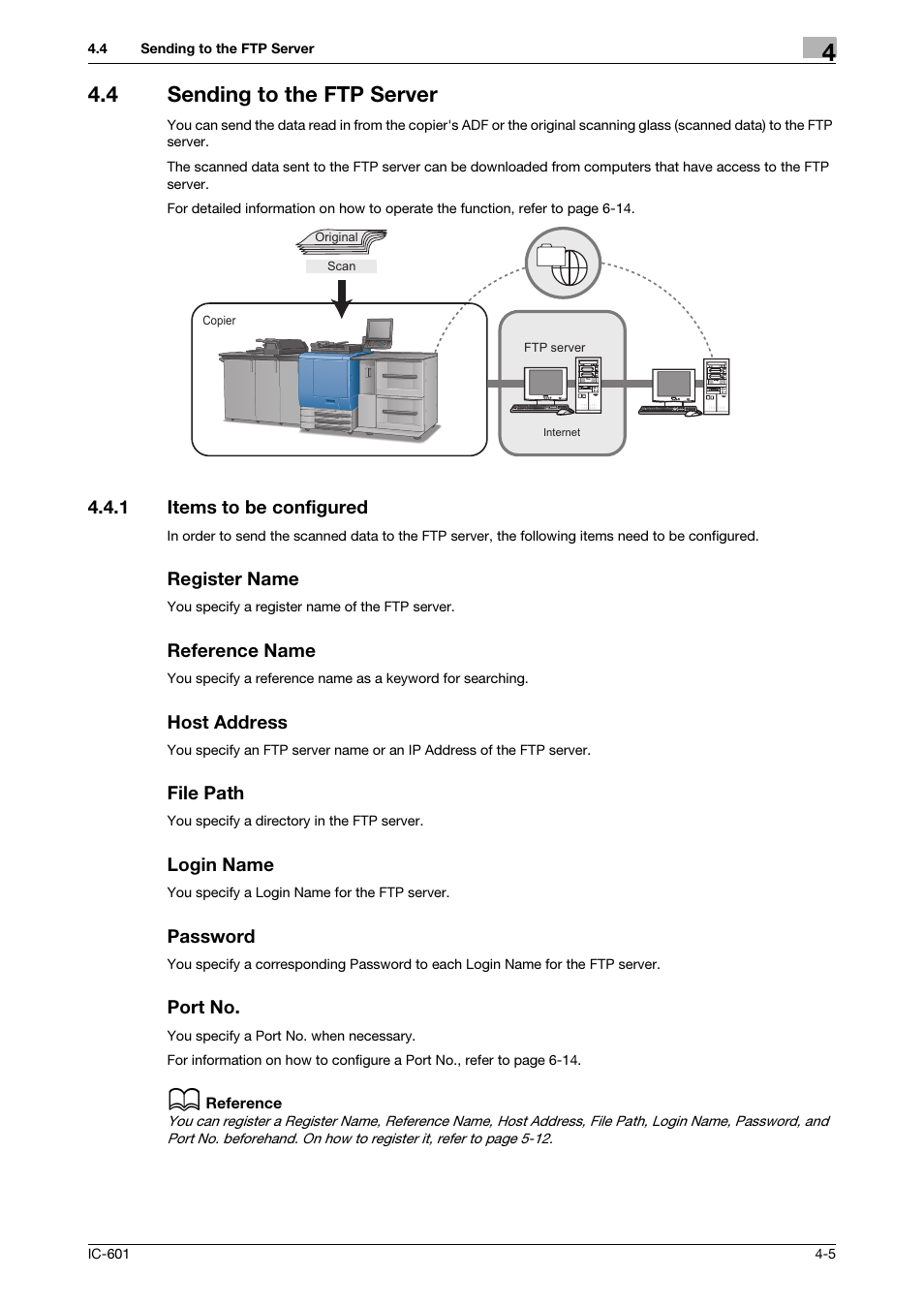 4 sending to the ftp server, 1 items to be configured, Register name | Reference name, Host address, File path, Login name, Password, Port no, Sending to the ftp server -5 | Konica Minolta IC-601 User Manual | Page 33 / 123