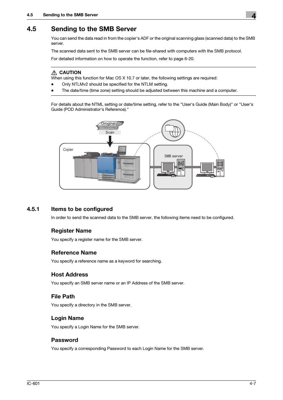 5 sending to the smb server, 1 items to be configured, Register name | Reference name, Host address, File path, Login name, Password, Sending to the smb server -7, Items to be configured -7 | Konica Minolta IC-601 User Manual | Page 35 / 123