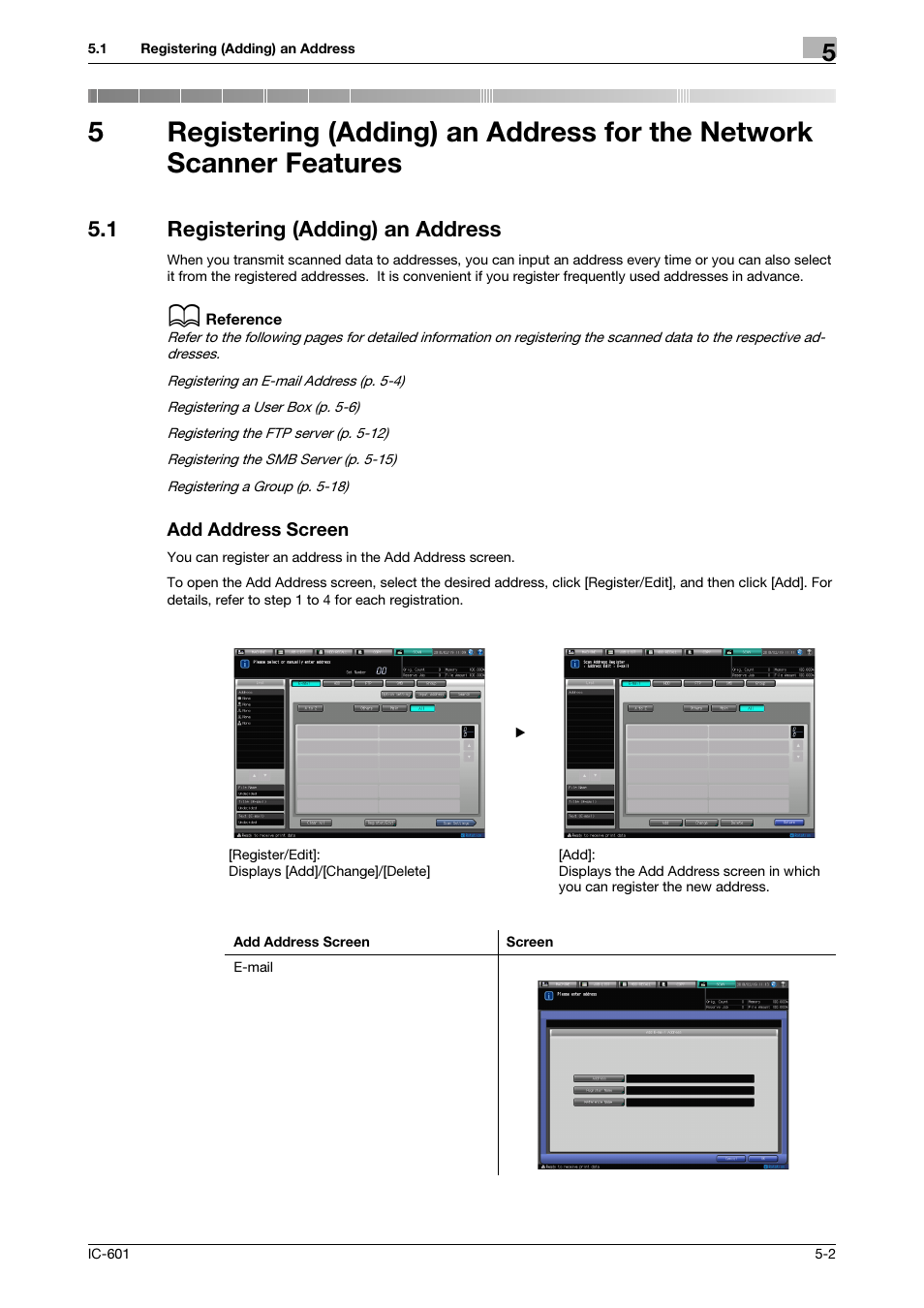 1 registering (adding) an address, Add address screen, Registering (adding) an address -2 | Konica Minolta IC-601 User Manual | Page 42 / 123