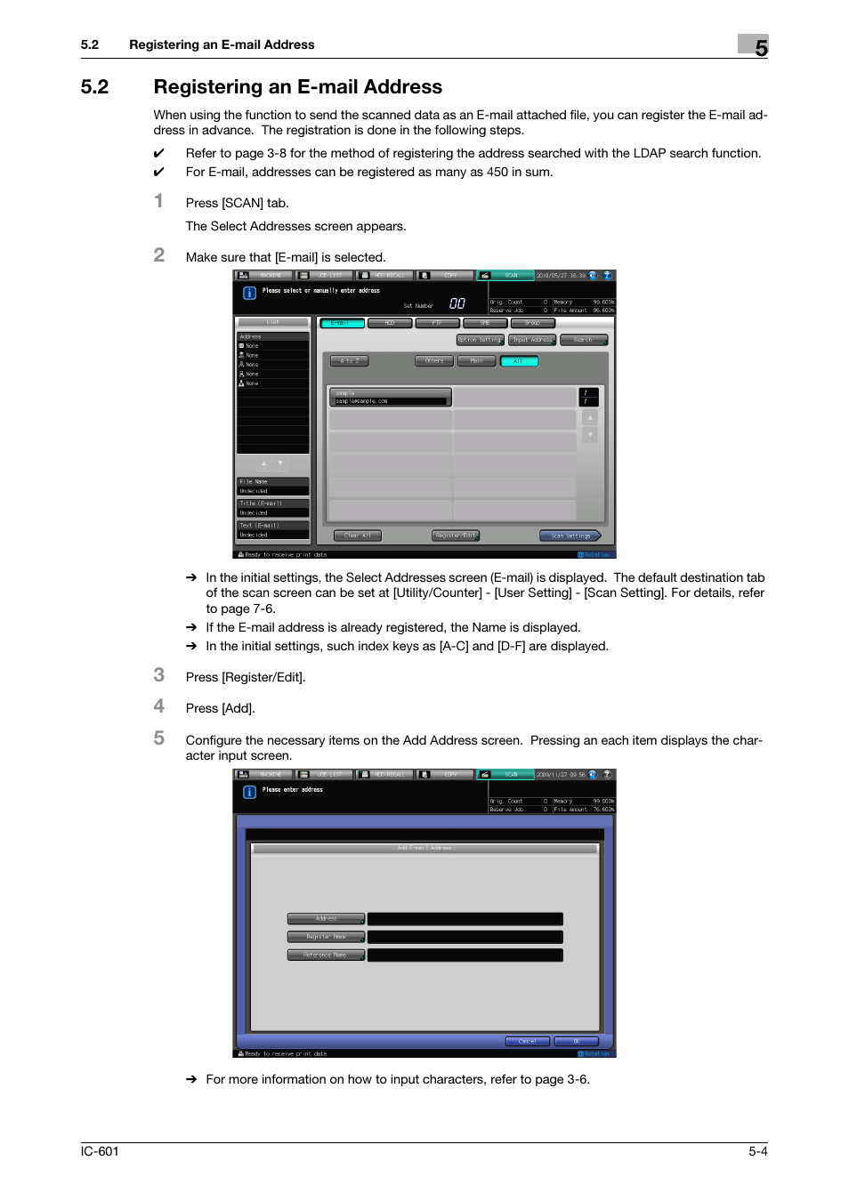 2 registering an e-mail address, Registering an e-mail address -4, Registering an e-mail address (p. 5-4) | Konica Minolta IC-601 User Manual | Page 44 / 123
