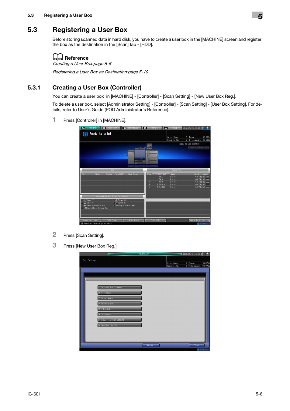 3 registering a user box, 1 creating a user box (controller), Registering a user box -6 | Creating a user box (controller) -6, Registering a user box, P. 5-6) | Konica Minolta IC-601 User Manual | Page 46 / 123