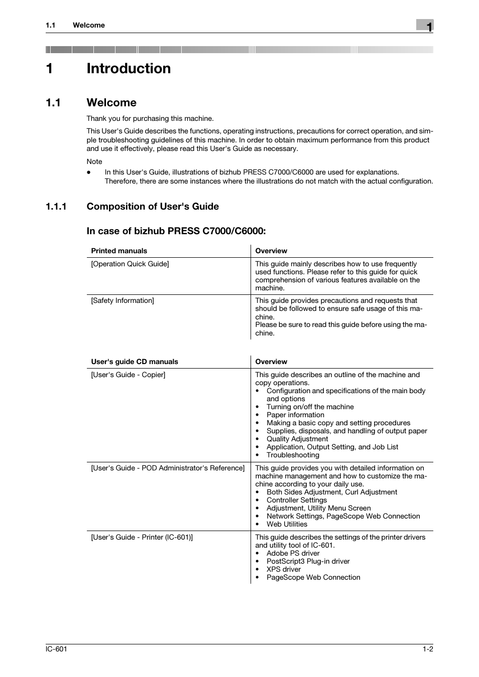 1 introduction, 1 welcome, 1 composition of user's guide | In case of bizhub press c7000/c6000, Introduction, Welcome -2, Composition of user's guide -2, 1introduction | Konica Minolta IC-601 User Manual | Page 5 / 123