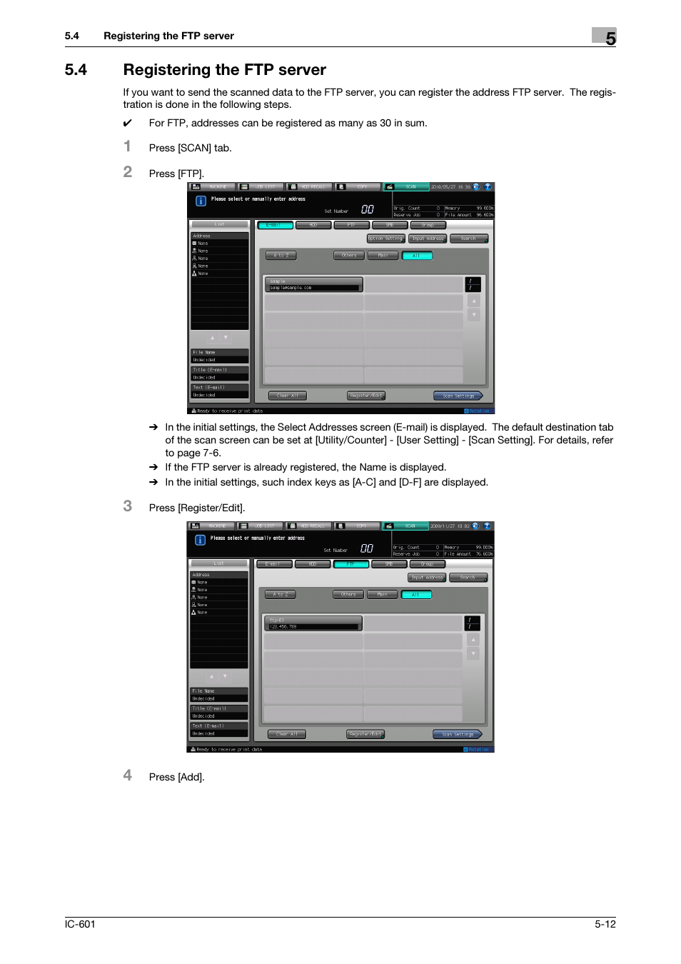 4 registering the ftp server, Registering the ftp server -12, Registering the ftp server (p. 5-12 | Konica Minolta IC-601 User Manual | Page 52 / 123