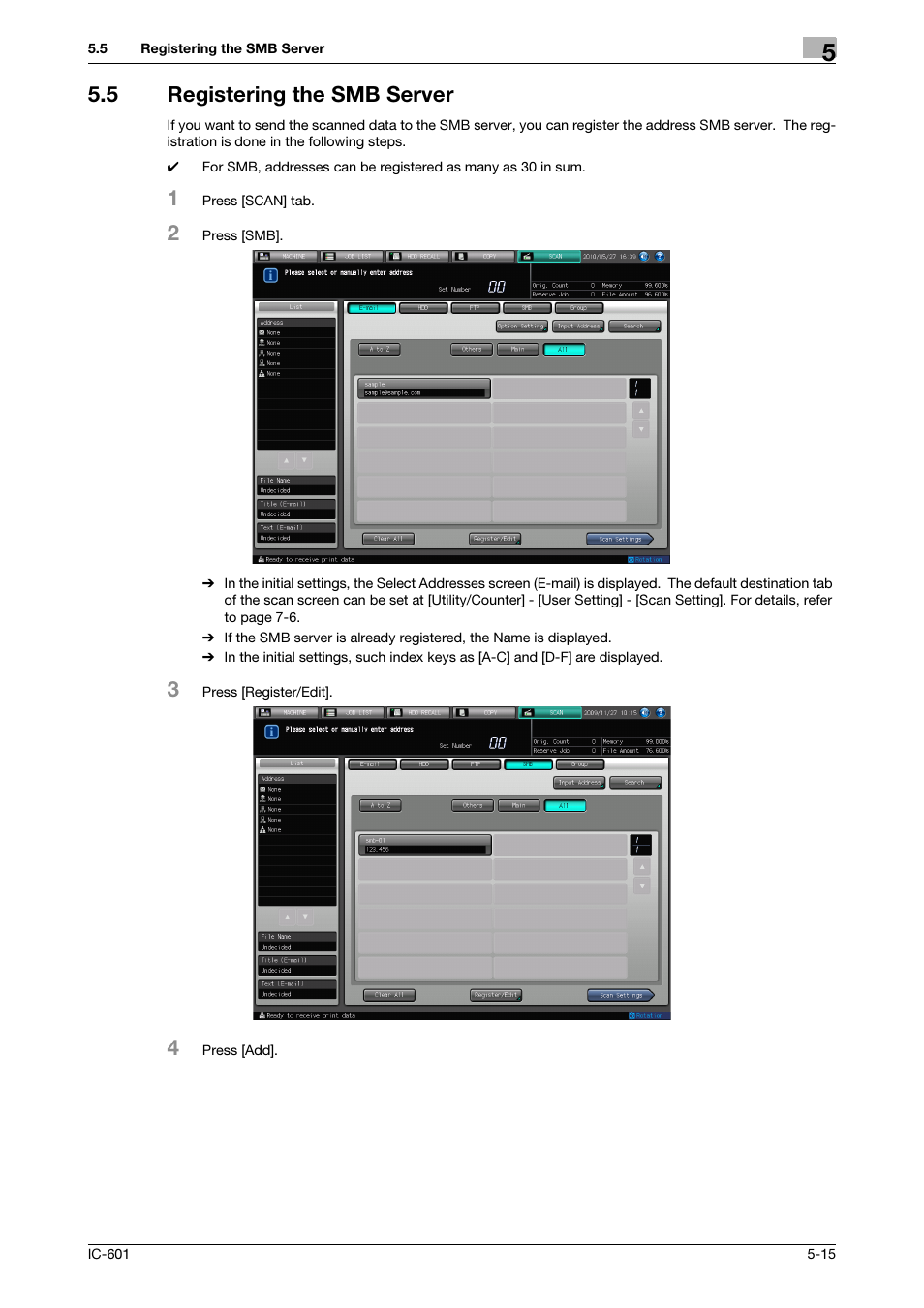 5 registering the smb server, Registering the smb server -15, Registering the smb server (p. 5-15 | Konica Minolta IC-601 User Manual | Page 55 / 123
