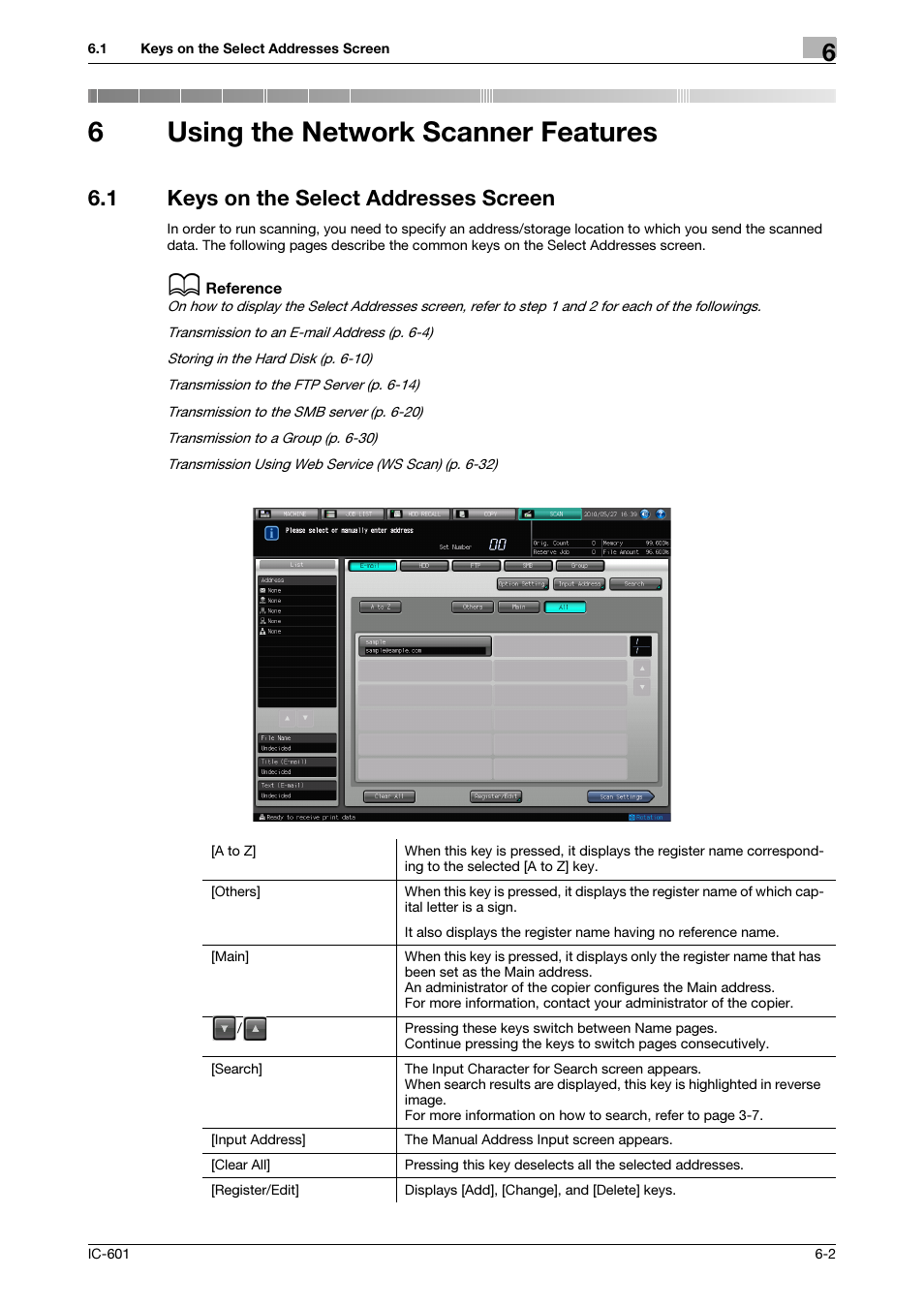 6 using the network scanner features, 1 keys on the select addresses screen, Using the network scanner features | Keys on the select addresses screen -2, 6using the network scanner features | Konica Minolta IC-601 User Manual | Page 65 / 123