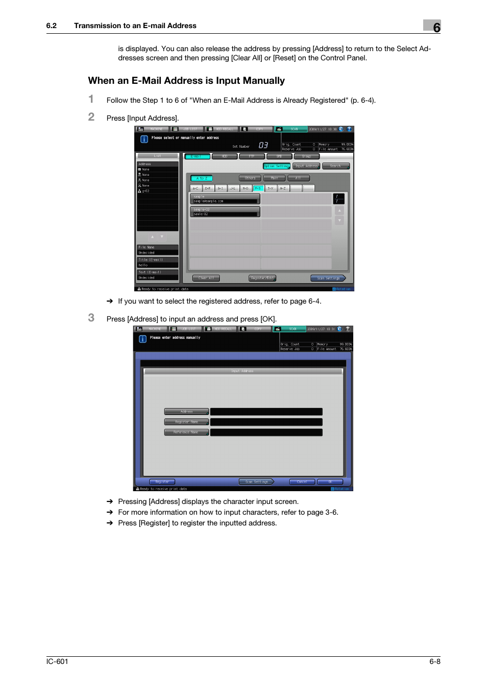 When an e-mail address is input manually | Konica Minolta IC-601 User Manual | Page 71 / 123