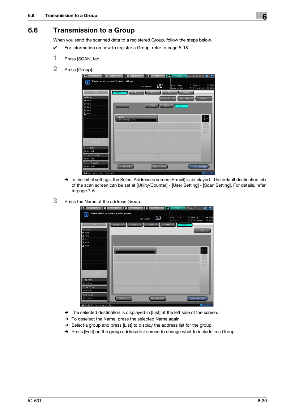 6 transmission to a group, Transmission to a group -30, Transmission to a group (p. 6-30) | Konica Minolta IC-601 User Manual | Page 93 / 123