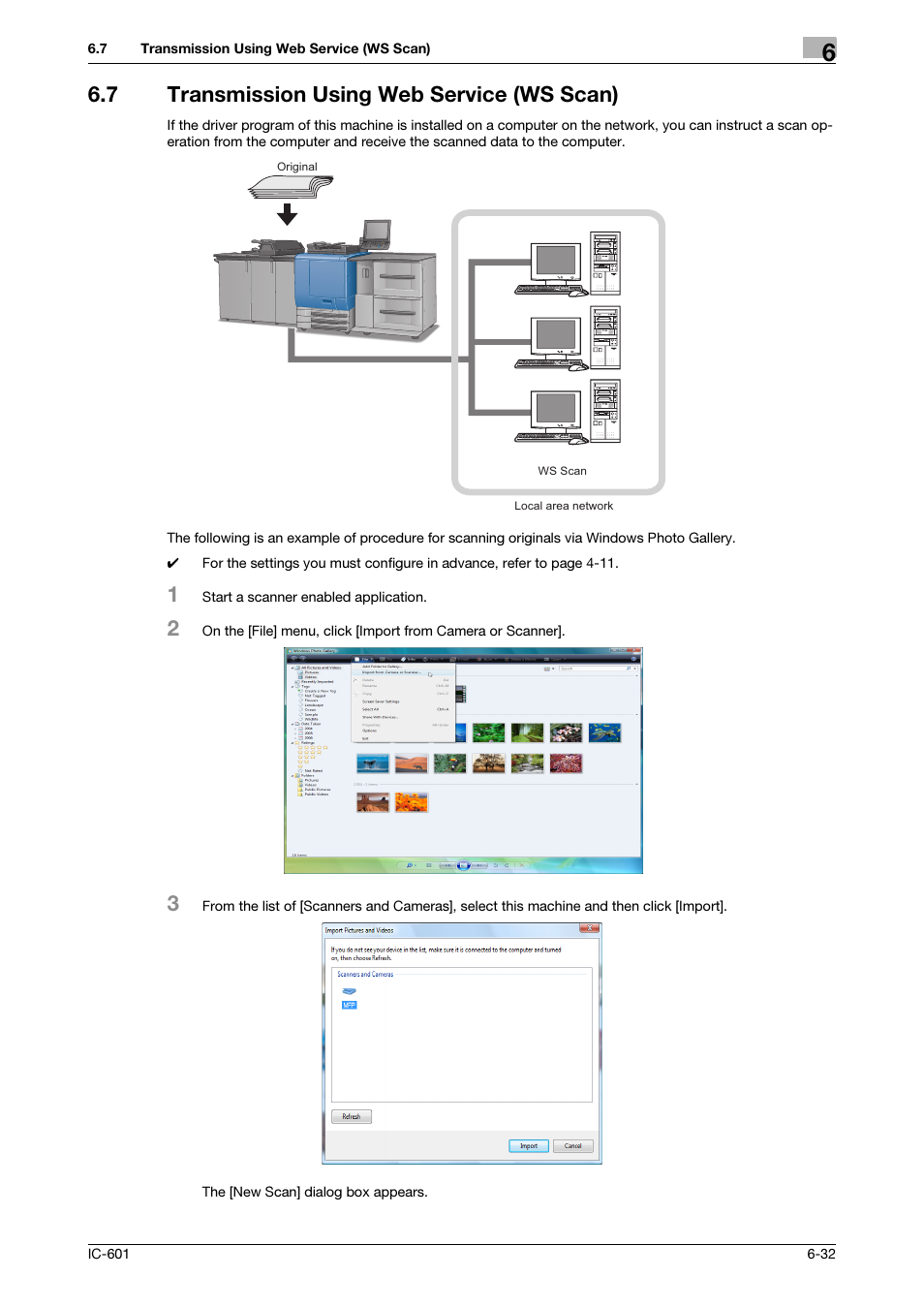 7 transmission using web service (ws scan), Transmission using web service (ws scan) -32, Transmission using web service (ws scan) (p. 6-32 | Konica Minolta IC-601 User Manual | Page 95 / 123