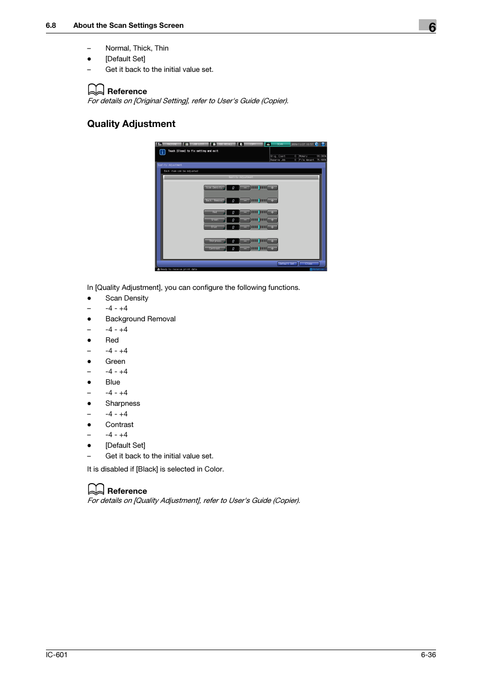 Quality adjustment, P. 6-36 | Konica Minolta IC-601 User Manual | Page 99 / 123