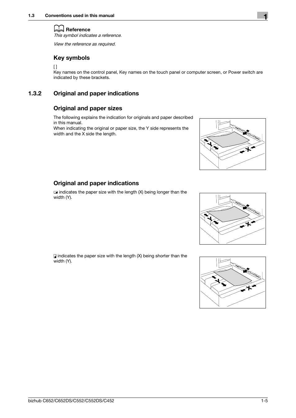 Key symbols, 2 original and paper indications, Original and paper sizes | Original and paper indications, Key symbols -5 | Konica Minolta BIZHUB C652DS User Manual | Page 10 / 110