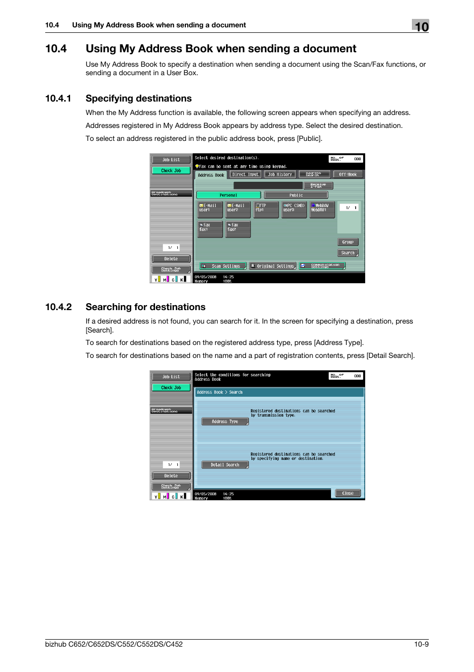 4 using my address book when sending a document, 1 specifying destinations, 2 searching for destinations | Using my address book when sending a document -9, Specifying destinations -9, Searching for destinations -9 | Konica Minolta BIZHUB C652DS User Manual | Page 106 / 110
