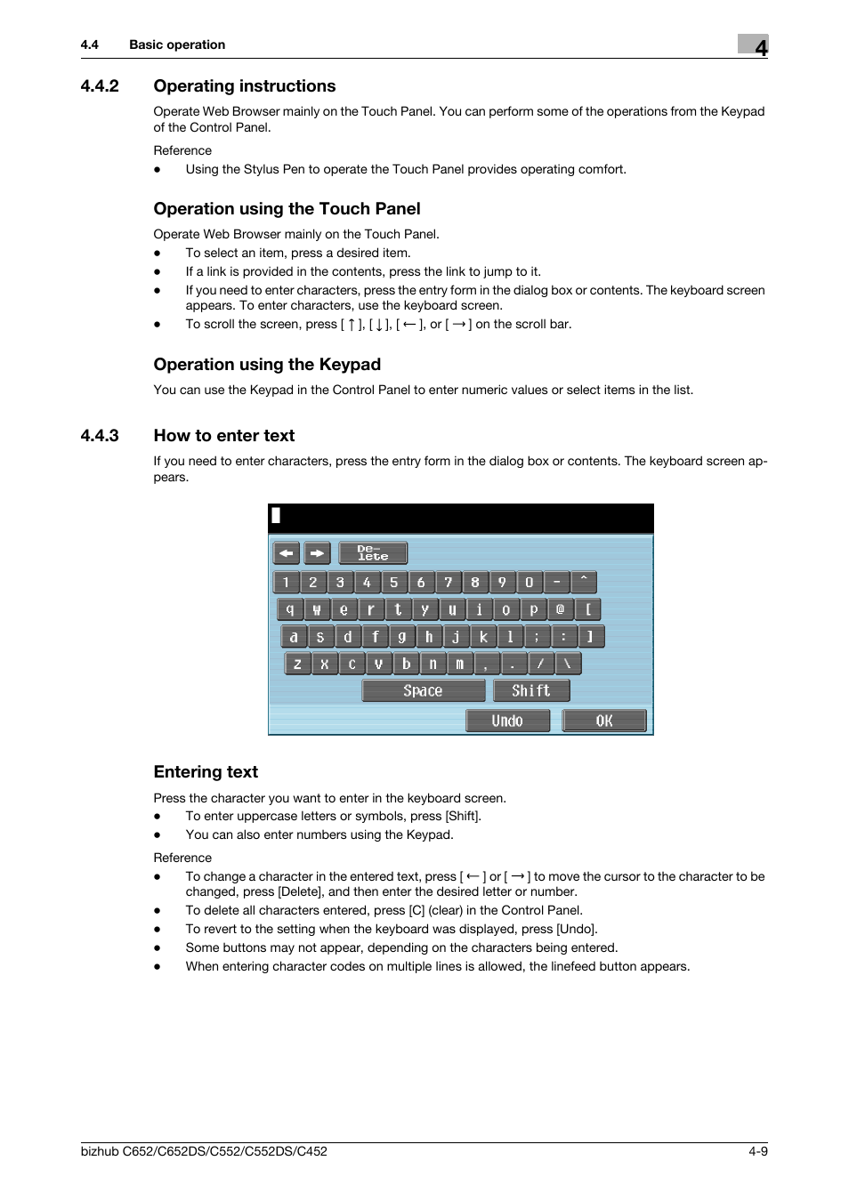 2 operating instructions, Operation using the touch panel, Operation using the keypad | 3 how to enter text, Entering text, How to enter text -9 entering text -9 | Konica Minolta BIZHUB C652DS User Manual | Page 27 / 110