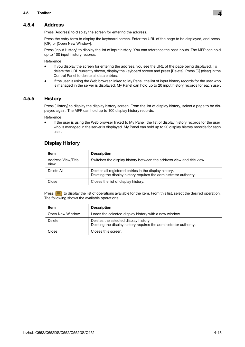 4 address, 5 history, Display history | Address -13, History -13 display history -13 | Konica Minolta BIZHUB C652DS User Manual | Page 31 / 110