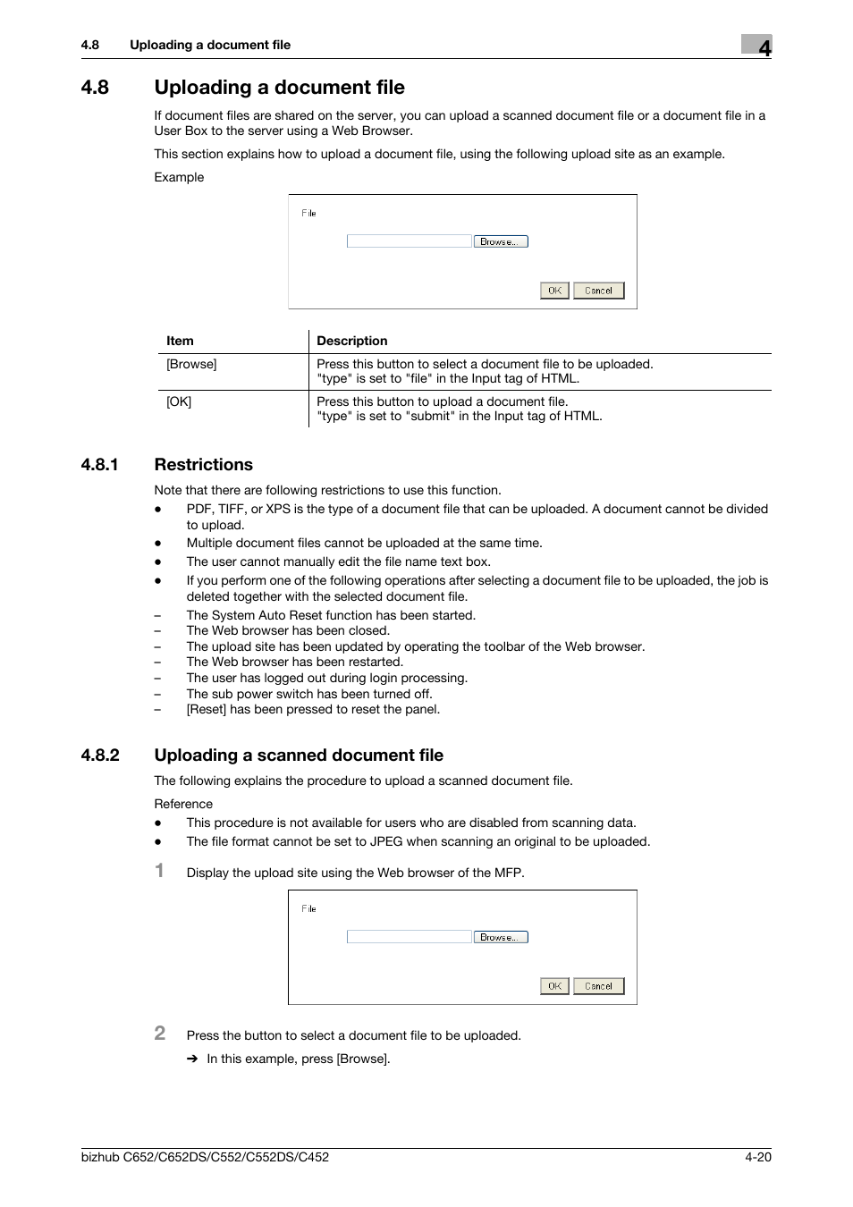 8 uploading a document file, 1 restrictions, 2 uploading a scanned document file | Uploading a document file -20, Restrictions -20, Uploading a scanned document file -20 | Konica Minolta BIZHUB C652DS User Manual | Page 38 / 110