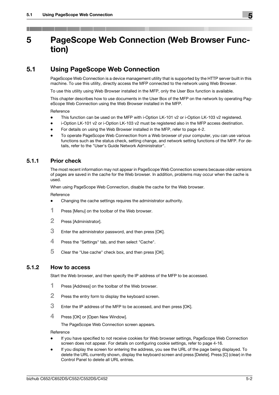 1 prior check, 2 how to access, Prior check -2 | How to access -2, P. 5-2, 5pagescope web connection (web browser func- tion), 1 using pagescope web connection | Konica Minolta BIZHUB C652DS User Manual | Page 42 / 110