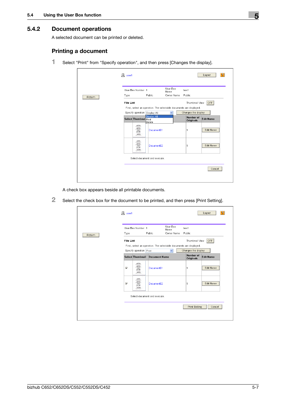 2 document operations, Printing a document, Document operations -7 printing a document -7 | Konica Minolta BIZHUB C652DS User Manual | Page 47 / 110