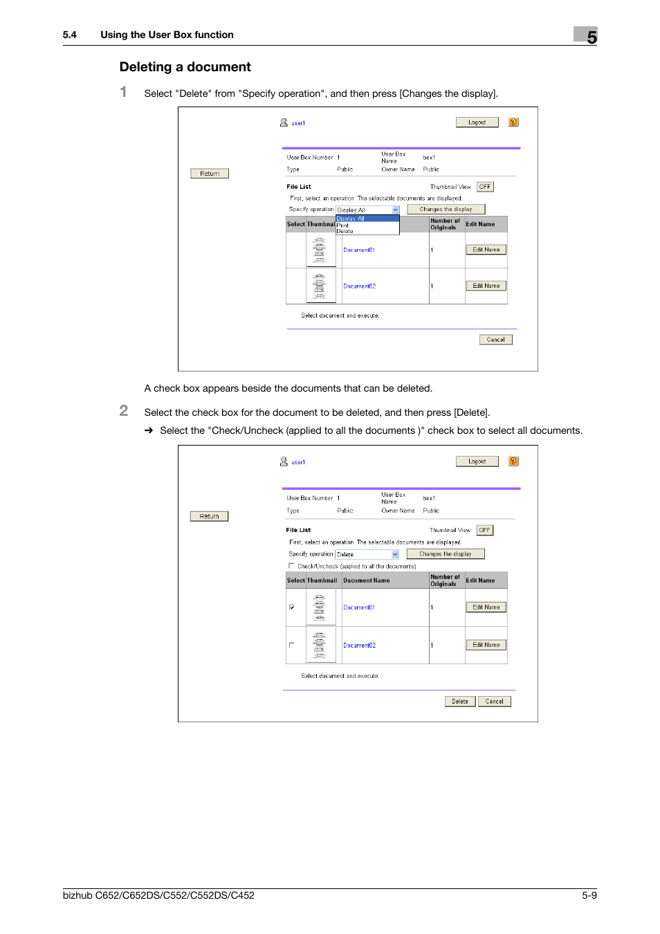 Deleting a document, Deleting a document -9 | Konica Minolta BIZHUB C652DS User Manual | Page 49 / 110
