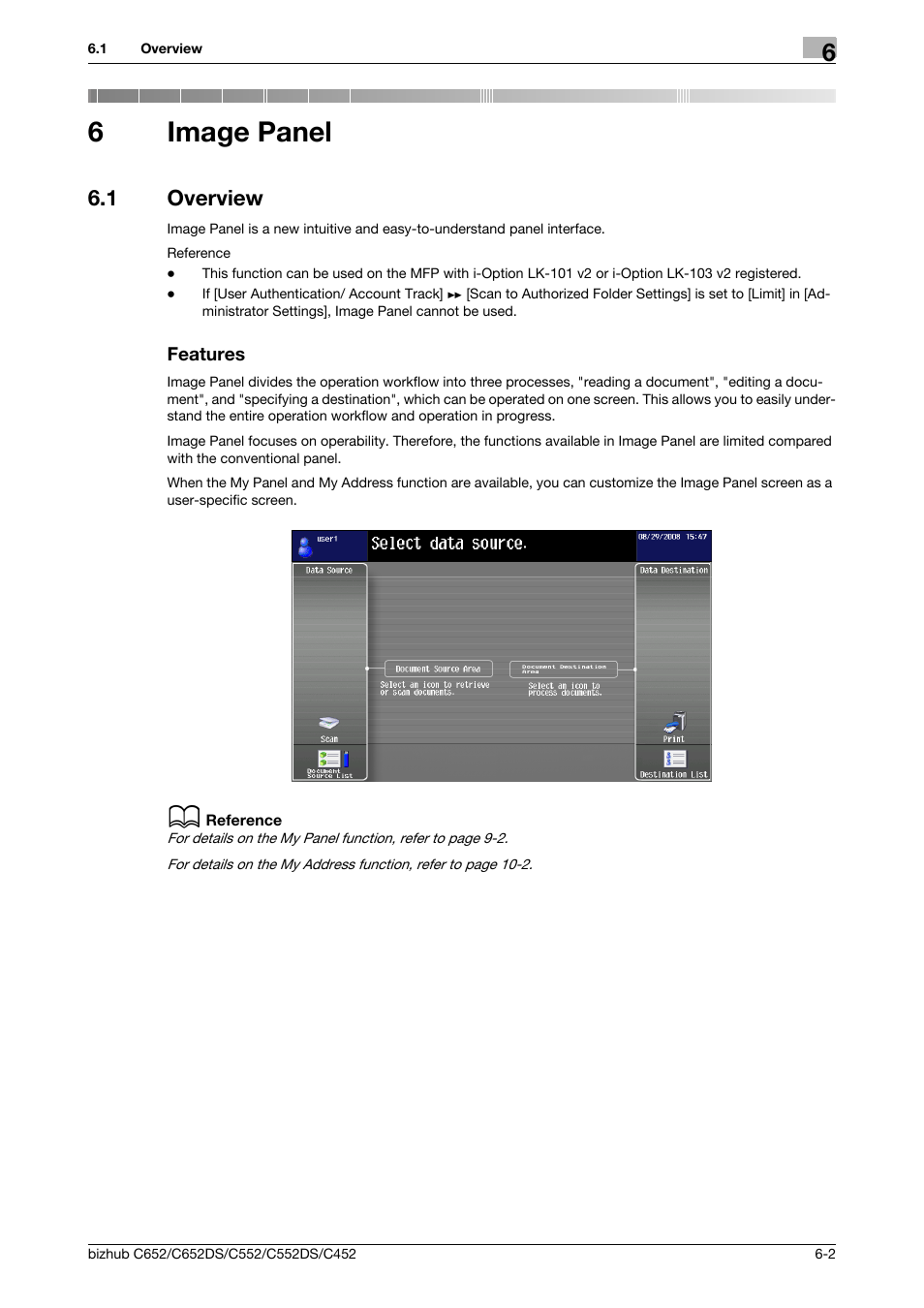 6 image panel, 1 overview, Features | Image panel, Overview -2 features -2, P. 6-2, 6image panel | Konica Minolta BIZHUB C652DS User Manual | Page 52 / 110