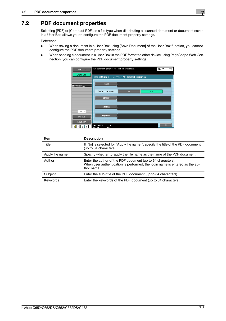2 pdf document properties, Pdf document properties -3, P. 7-3) | Konica Minolta BIZHUB C652DS User Manual | Page 76 / 110