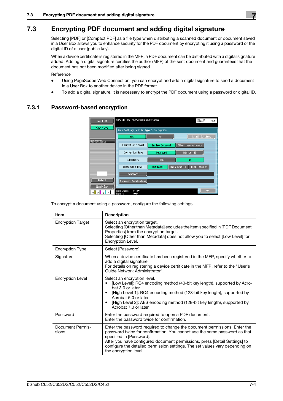 1 password-based encryption, Password-based encryption -4, On (p. 7-4) | Nt (p. 7-4) | Konica Minolta BIZHUB C652DS User Manual | Page 77 / 110