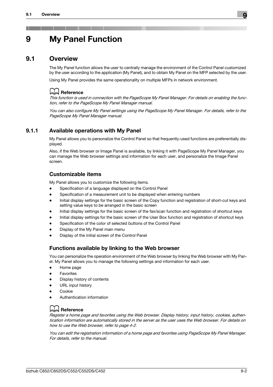 9 my panel function, 1 overview, 1 available operations with my panel | Customizable items, Functions available by linking to the web browser, My panel function, Overview -2, P. 9-2, 9my panel function | Konica Minolta BIZHUB C652DS User Manual | Page 86 / 110